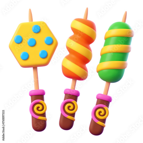 Yellow Hexagonal Lollipop with Blue Dots, Glossy 3D Realism Asset with Transparent Background