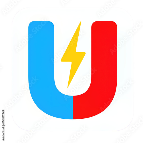 Yellow Lightning Bolt on Blue and Red U Shape, Transparent Background, Minimalist Icon for Digital Media