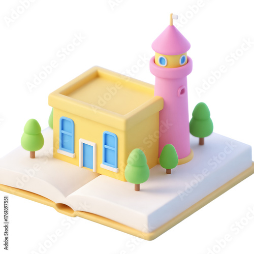 Yellow House with Pink Tower, 3D Realism Illustration on Transparent Background