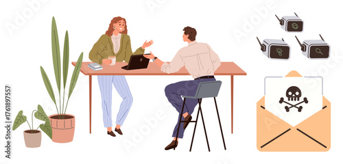 Office discussion between two professionals, looming phishing threat visualized. Ideal for cybersecurity, phishing awareness, data protection, online safety, digital ethics, teamwork, simple flat