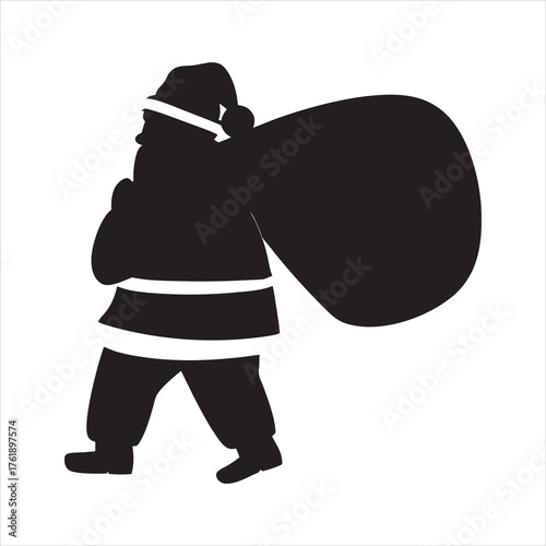 Silhouette of Santa Claus Carrying a Heavy Bag Full Presents