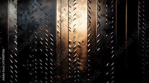 Metallic texture with raised patterns reflecting light, creating an industrial aesthetic backdrop