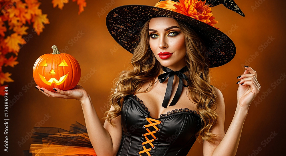 Fototapeta premium Beautiful Witch Holding a Jack-o'-Lantern, Generative AI