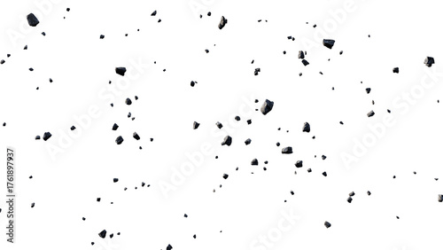 Dark stones and debris flying through the air, isolated on a transparent background, perfect for visual effects and compositing. 3d render