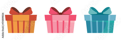 Three colorful gift boxes with ribbons isolated on white background, perfect for any celebration or special occasion