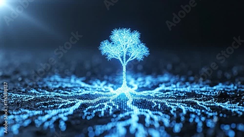 Glowing Digital Tree of Life with Spreading Network Roots.