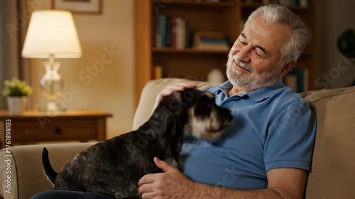 Senior Mans Affectionate Moment - Petting His Dog on the Couch.