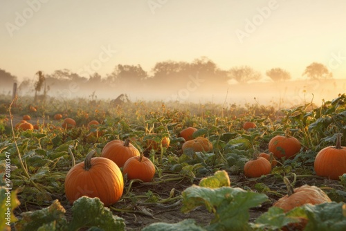 Sunrise over a lush pumpkin patch