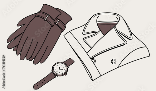 "Dark brown leather gloves placed on a folded wool coat with a vintage wristwatch beside, on a clean white table, elegant winter accessories concept."