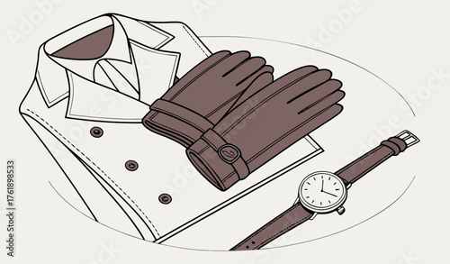 "Dark brown leather gloves placed on a folded wool coat with a vintage wristwatch beside, on a clean white table, elegant winter accessories concept."