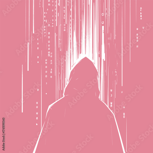 modern line art vector artwork of hacker in a dark room with holographic data