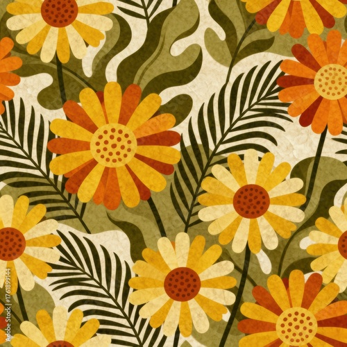 Retro Autumn Blooms - Seamless Floral Botanical Wallpaper