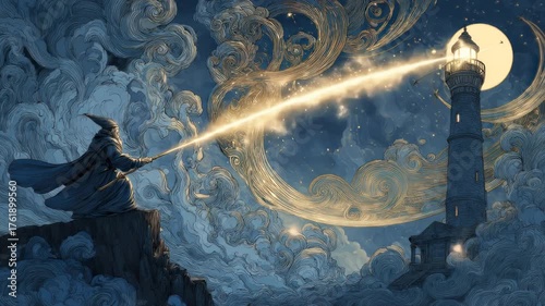A wizard's light guides ships toward a towering lighthouse in the dark