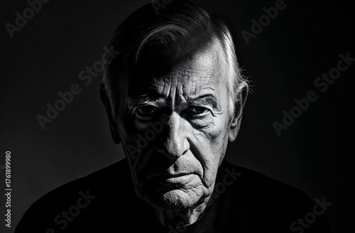 Retrato de un hombre mayor pensativo con fondo oscuro en blanco y negro