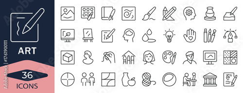 Creative art line icon set. Showing painting, drawing, sculpture, and design tools. Perfect for art schools, portfolios, and creative studio concepts.
