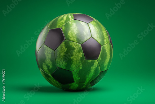 Vibrant green soccer ball crafted from fresh watermelon, a playful summer twist on the classic game, perfect for sports themes and healthy lifestyle concepts
