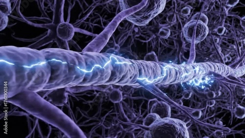 Scientific visualization of neuron signal transmission along a myelinated axon.