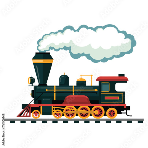 Vintage steam locomotive puffing white smoke on railroad tracks