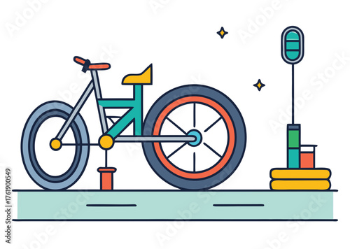 Bicycle tire repair kit on a roadside with tools and bike  