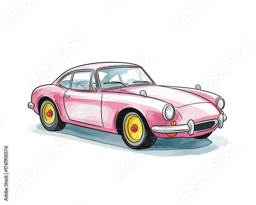 Retro pink sports car illustration with yellow wheels on white background