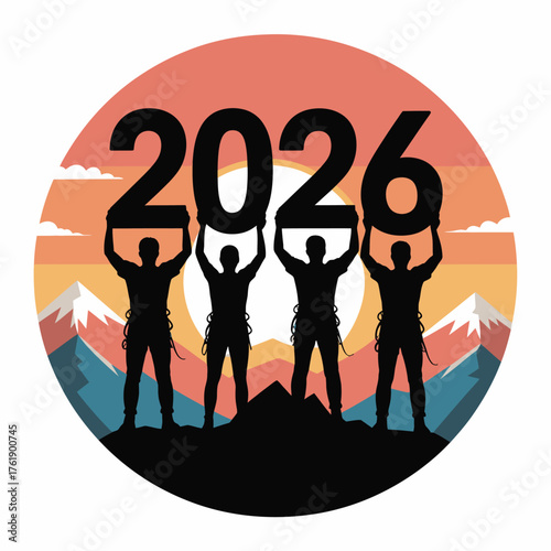 Four silhouettes holding up the year 2026 against a sunset mountain landscape