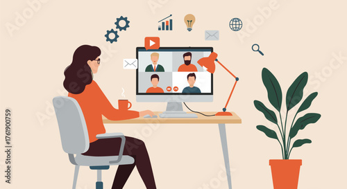 Woman in Video Conference at Desk with Gears, Lightbulb, and Plant Illustrations