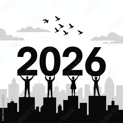 People holding up the year 2026 against a city skyline and flying birds
