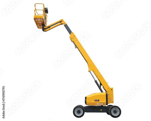 Yellow articulating boom lift with basket on white background