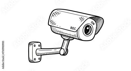 Hand-drawn illustration of a security surveillance camera mounted on a wall bracket.