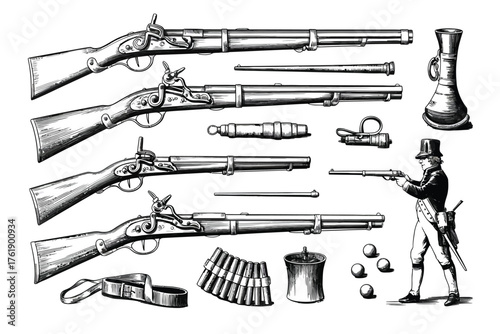Vintage flintlock muskets and accessories with a gentleman shooter illustration