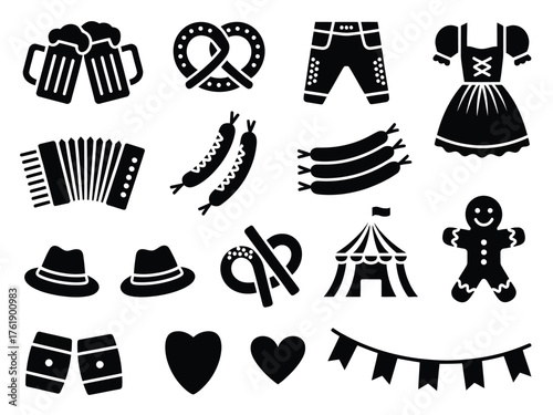 Collection of oktoberfest symbols and icons in black silhouette