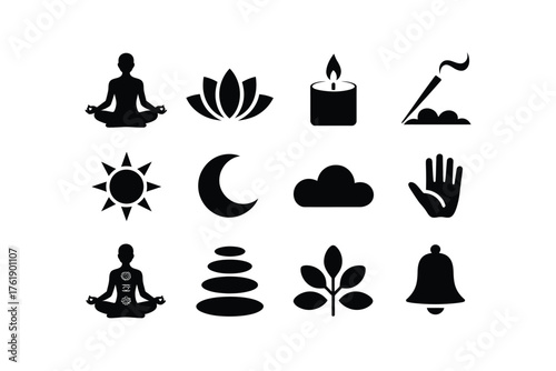 Collection of black silhouette icons for yoga meditation and wellness