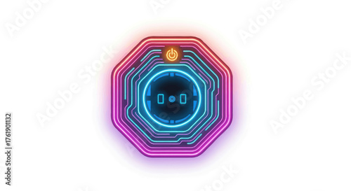 Futuristic Octagonal Neon Robot Vacuum Cleaner with Glowing Lights.