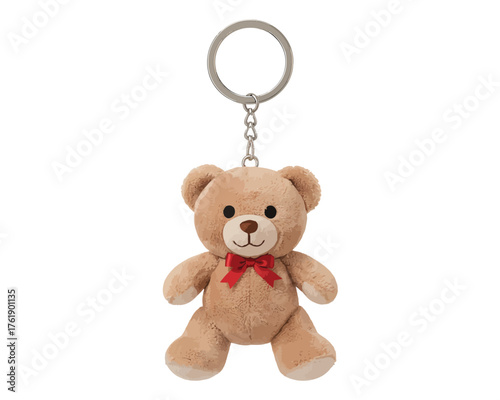 Cute brown teddy bear keychain with red bow accessory