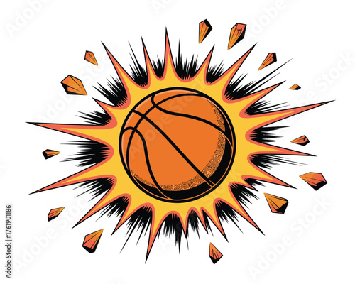 Exploding basketball with fiery burst and flying debris