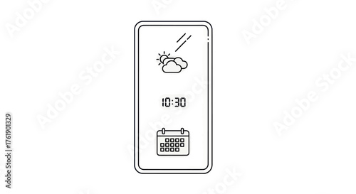 Outline illustration of a smartphone displaying weather time and calendar icons.