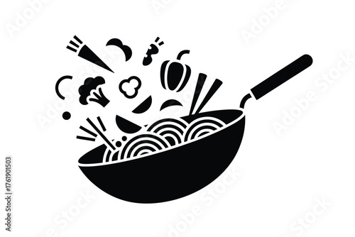 Black and white illustration of a wok filled with noodles and flying vegetables