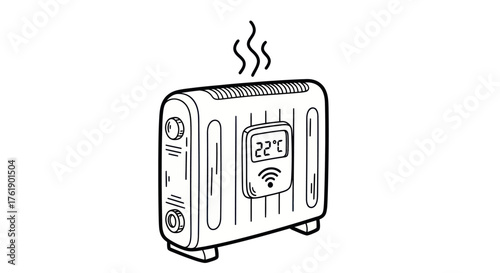 Hand-drawn illustration of a portable electric oil-filled radiator heater with digital display.