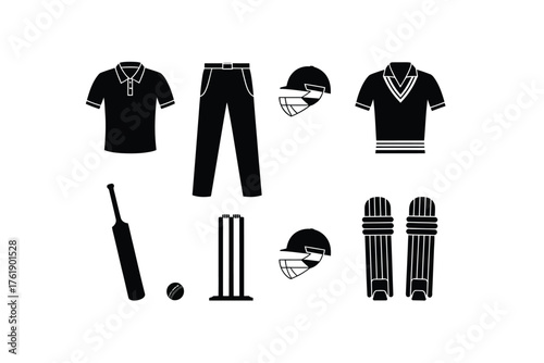Collection of black silhouette cricket equipment on a white background