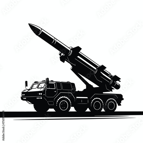 Military rocket launcher vehicle with missile ready to fire
