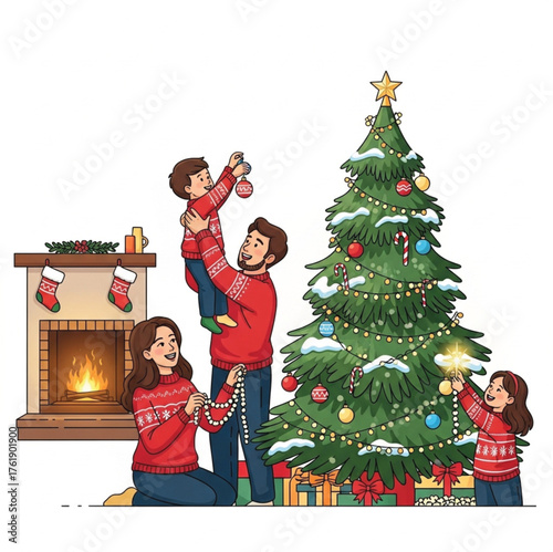 children decorating christmas tree