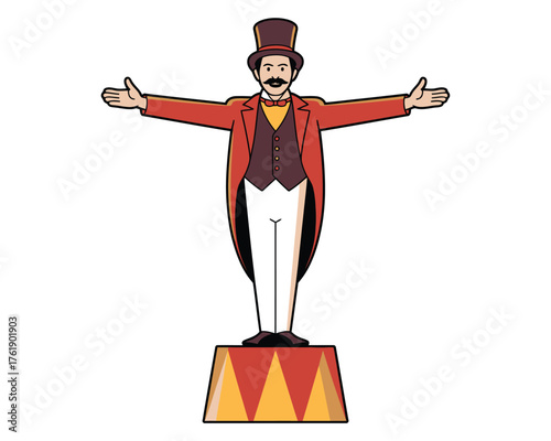 Circus ringmaster welcoming audience with open arms on stage