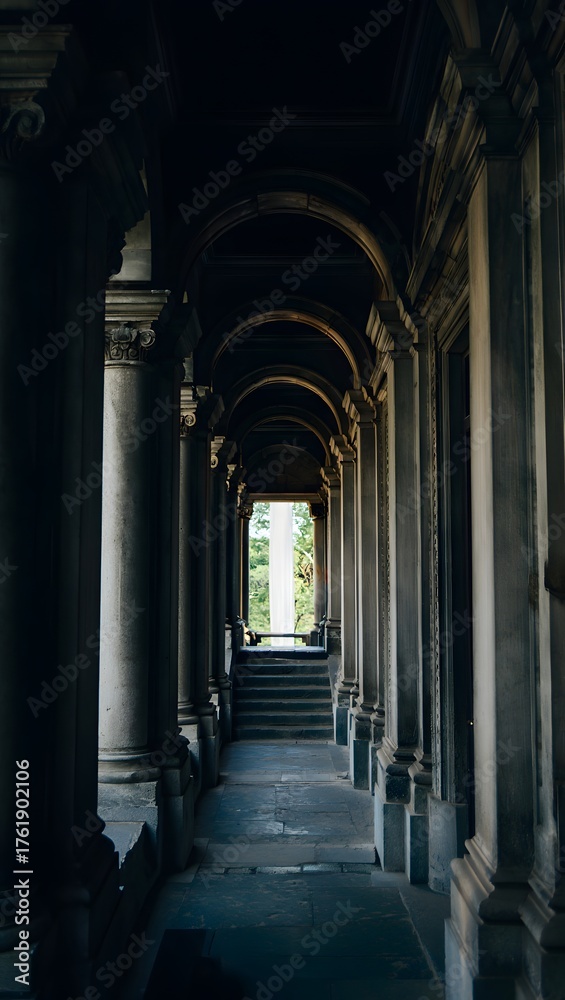 Obraz premium Architectural corridor with columns and arches leading to a bright outdoor space area view