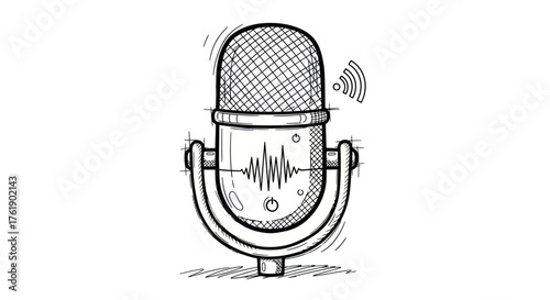 Hand-drawn Microphone with Sound Wave Illustration for Audio Recording.