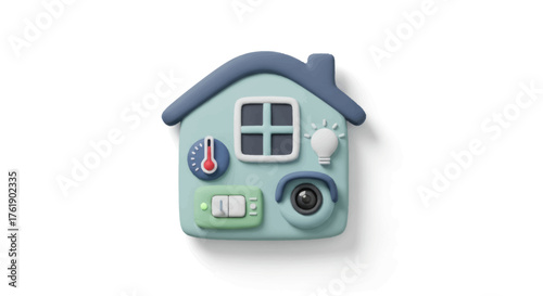 Cartoon House Model with Smart Home Features and Blue Roof.