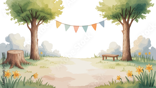 Two trees with bunting and a wooden bench in a park