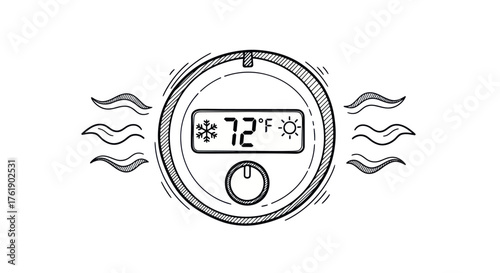 Black and White Digital Thermostat Displaying Temperature and Settings.