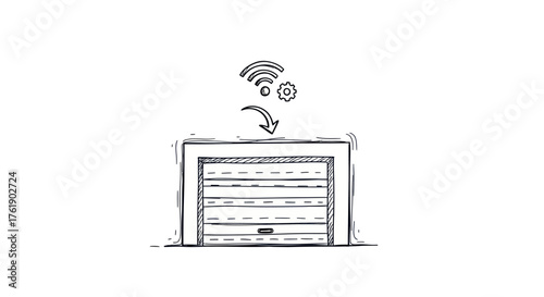 Hand-drawn illustration of a smart garage door with Wi-Fi signal and gears.