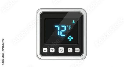 Modern Digital Thermostat Displaying 72 Degrees Fahrenheit with Fan and Cooling Icons.