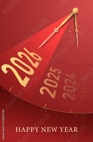 Golden clock striking midnight from 2025 to 2026 celebrating the arrival of a bright and happy new year Happy New Year Poster Design Vector Illustration 